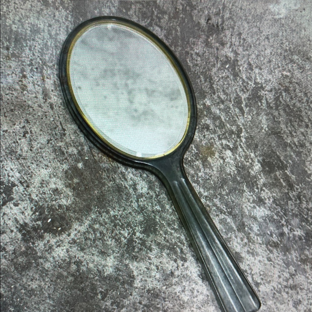 Vintage Handheld Oval Mirror in Black with Gold Trim